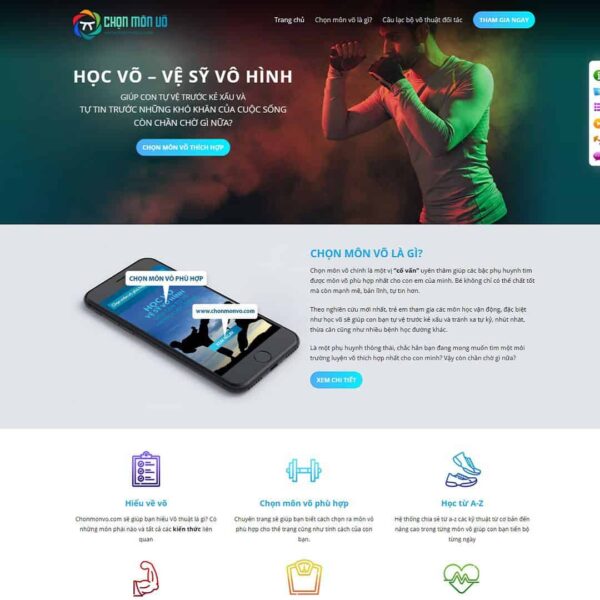 Theme WordPress Landing page giới thiệu lớp học võ thuật, Landing Page, Đào tạo, Khóa học, Landing page, Võ thuật