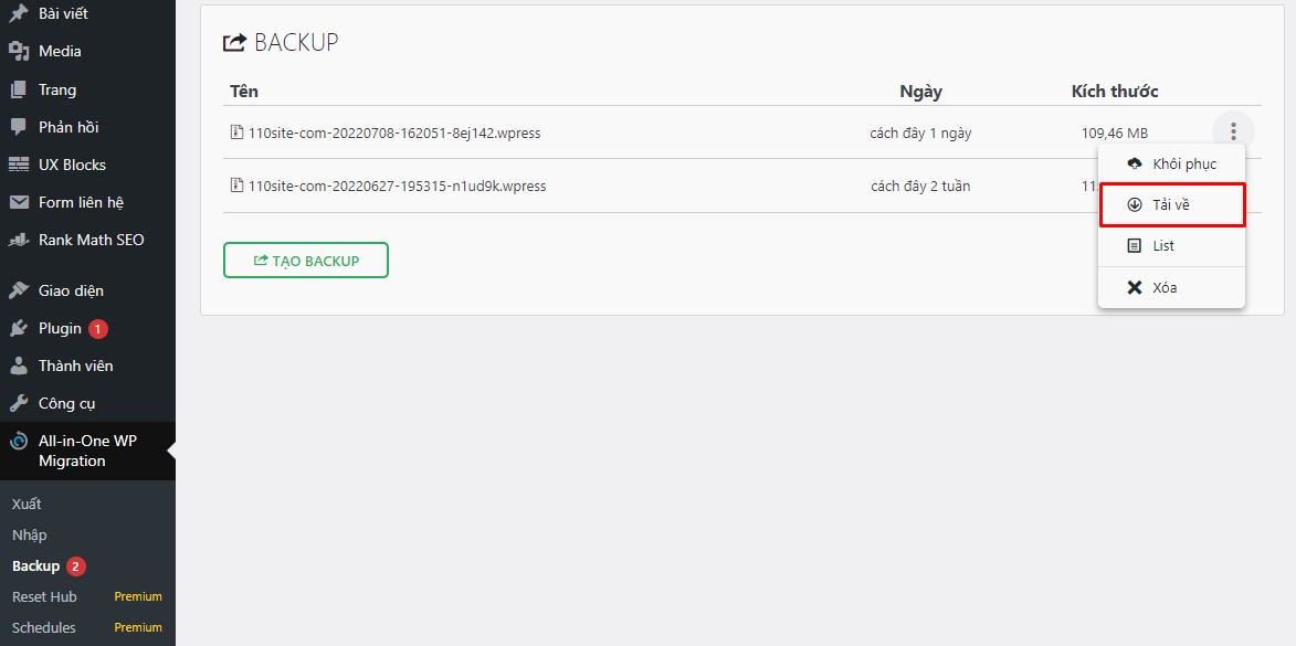 Backup Và Restore Với Plugin All-in-one Wp Migration 2 110site